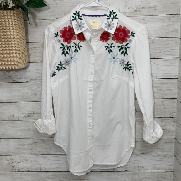 Maeve Tops - Maeve Anthropologie Embroidered Botanical Floral Button-down Blouse Size 8